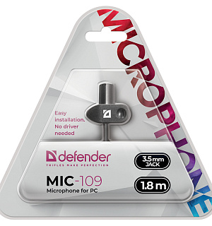 Микрофон компьютерный Defender MIC-109, на прищепке, 1,8м, черный