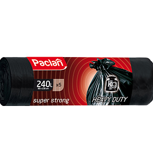 Мешки для мусора 240л Paclan "Super strong" ПВД, 90*130см, 30мкм, 5шт., черные, в рулоне