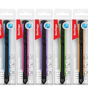 Нож канцелярский 9мм Berlingo "Color Zone", черное лезвие,auto-lock, металл. направл.,ассорти, евро