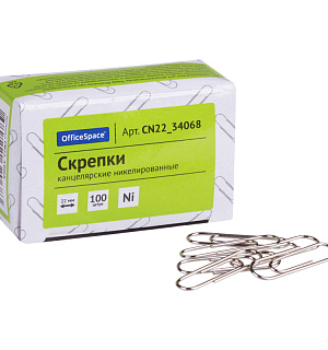 Скрепки 22мм, OfficeSpace, 100шт., никелированные, карт. упаковка