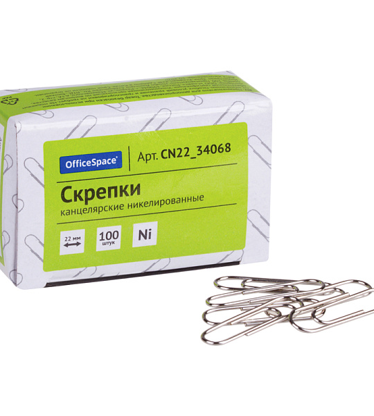 Скрепки 22мм, OfficeSpace, 100шт., никелированные, карт. упаковка