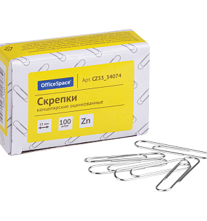 Скрепки 33мм, OfficeSpace, 100шт., оцинкованные, карт. упаковка