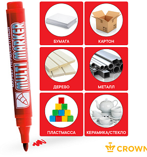 Маркер перманентный Crown "Multi Marker" красный, пулевидный, 3мм