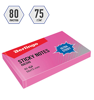 Самоклеящийся блок Berlingo "Ultra Sticky", 50*75мм, 80л, розовый неон