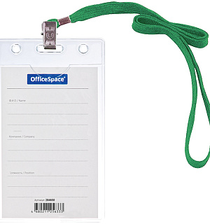 Бейдж вертикальный OfficeSpace, 63*105мм (размер вставки 55*85мм), с клипсой на зеленом шнурке