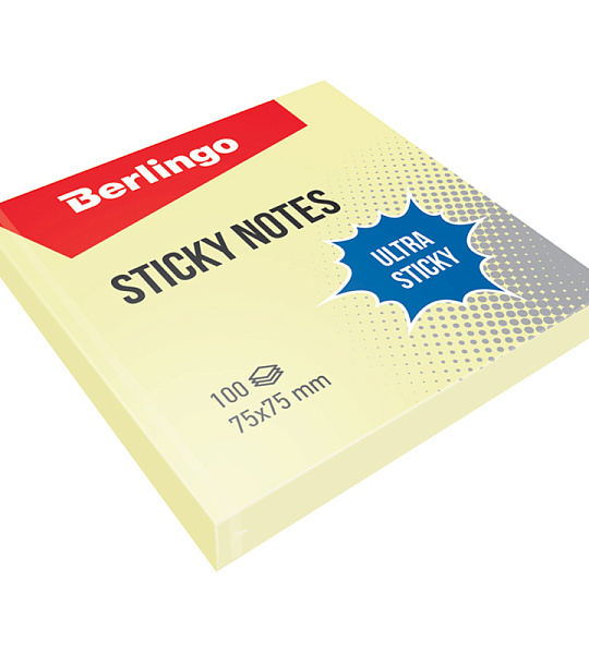 Самоклеящийся блок Berlingo "Ultra Sticky", 75*75мм, 100л, пастель, желтый