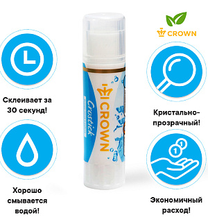 Клей-карандаш Crown "Crystal", 15г, кристально-чистый, ПВП