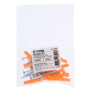 Дюбель ТУНДРА krep универсальный 5x32 мм, с саморезом 3x40 мм, 12 шт.