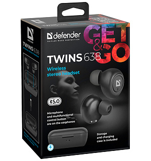Наушники с микрофоном беспроводные Defender Twins 638, Bluetooth 5.0, разъем Micro-USB, черный