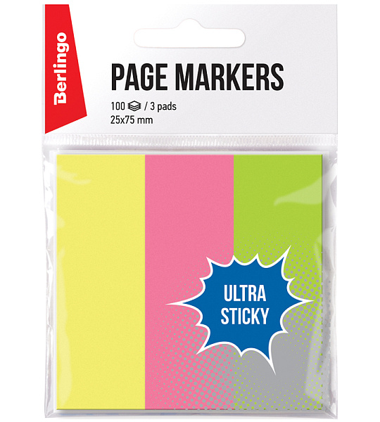 Флажки-закладки Berlingo "Ultra Sticky", 25*75мм, 100л*3 неоновых цвета, европодвес