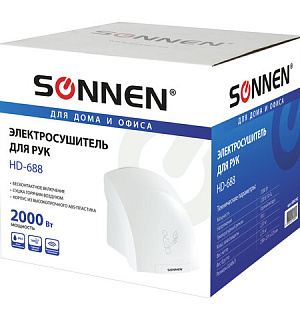 Сушилка для рук SONNEN HD-688, 2000 Вт, пластиковый корпус, белая, 604192
