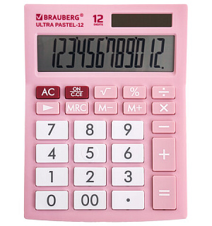 Калькулятор настольный BRAUBERG ULTRA PASTEL-12-PK (192x143 мм), 12 разрядов, двойное питание, РОЗОВЫЙ, 250503