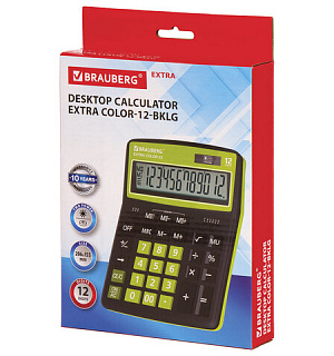 Калькулятор настольный BRAUBERG EXTRA COLOR-12-BKLG (206x155 мм), 12 разрядов, двойное питание, ЧЕРНО-САЛАТОВЫЙ, 250477