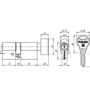 Цилиндровый механизм Fuaro R302/70-BL (30х10х30) BBP, с вертушкой, 5 ключей, цвет латунь