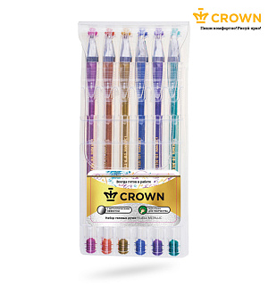 Набор гелевых ручек Crown "Hi-Jell Metallic" 6шт., 06цв., 0,7мм, металлик, ПВХ уп., европодвес