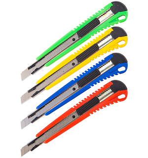 Нож канцелярский 9мм OfficeSpace, усиленный, с фиксатором, металл. направляющие, ассорти, европодвес