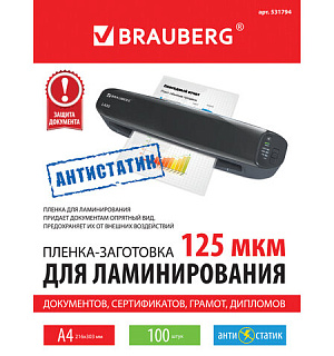 Пленки-заготовки для ламинирования АНТИСТАТИК, А4, КОМПЛЕКТ 100 шт., 125 мкм, BRAUBERG, 531794