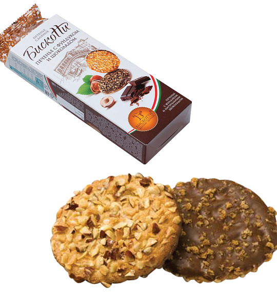Печенье БИСКОТТИ (Россия) с фундуком, шоколадом и вафельной крошкой, сдобное, 100 г