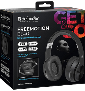 Наушники с микрофоном беспроводные Defender FreeMotion B540, Bluetooth, складные, MicroSD, FM, разъем Micro-USB, черный