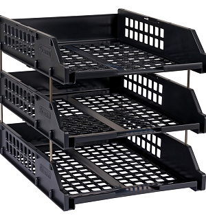 Лоток для бумаг горизонтальный СТАММ "Strong", набор 3шт., на метал. стержнях, черный