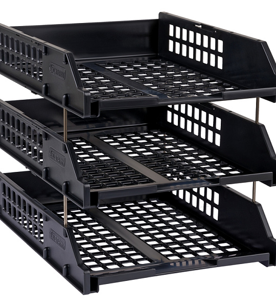 Лоток для бумаг горизонтальный СТАММ "Strong", набор 3шт., на метал. стержнях, черный