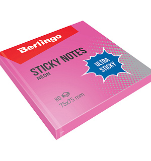 Самоклеящийся блок Berlingo "Ultra Sticky", 75*75мм, 80л, розовый неон