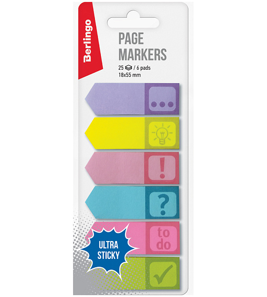 Флажки-закладки Berlingo "Ultra Sticky", 18*55мм, бумажные, стрелки, со значками, 25л*6 цветов