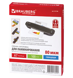 Пленки-заготовки для ламинирования МАЛОГО ФОРМАТА, А7, КОМПЛЕКТ 100 шт., 80 мкм, BRAUBERG, 531786