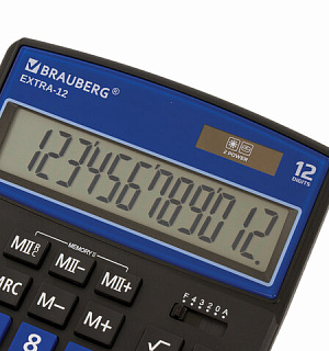 Калькулятор настольный BRAUBERG EXTRA-12-BKBU (206x155 мм), 12 разрядов, двойное питание, ЧЕРНО-СИНИЙ, 250472
