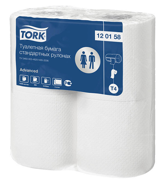 Бумага туалетная Tork "Advanced"(Т4) 2-слойная, стандарт. рулон, 23м/рул, 4шт., тиснение, белая