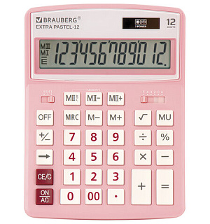 Калькулятор настольный BRAUBERG EXTRA PASTEL-12-PK (206x155 мм), 12 разрядов, двойное питание, РОЗОВЫЙ, 250487