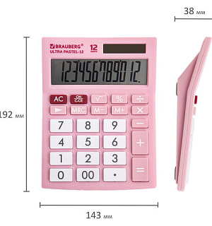 Калькулятор настольный BRAUBERG ULTRA PASTEL-12-PK (192x143 мм), 12 разрядов, двойное питание, РОЗОВЫЙ, 250503