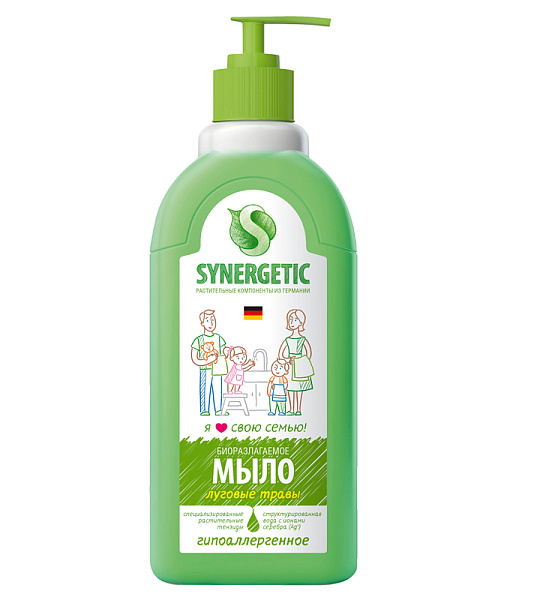 Мыло жидкое Synergetic "Луговые травы", биоразлагаемое, с дозатором, 500мл