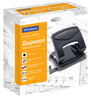 Дырокол OfficeSpace 35л., металлический, черный, с линейкой