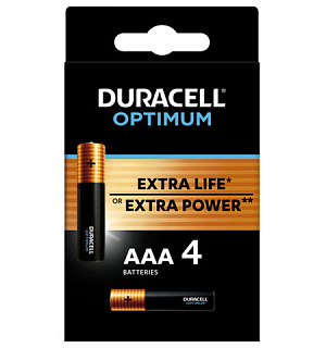 Батарейки КОМПЛЕКТ 4шт DURACELL Optimum AAA(LR03,24А), х30 мощность, алкалин мизинчиковые,(ш/к 8726), 5014062