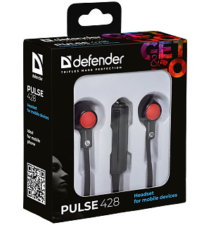 Наушники-вкладыши с микрофоном Defender "Pulse" 428, 1,2м, черный