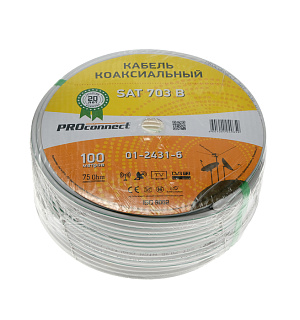 Кабель телевизионный PROconnect, 703 B, бухта 100 м, 75 Ом, Cu/Al/Cu, 64%, белый
