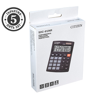 Калькулятор настольный Citizen SDC-812NR, 12 разрядов, двойное питание, 102*124*25мм, черный