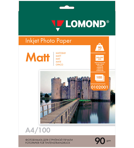 Фотобумага А4 для стр. принтеров Lomond, 90г/м2 (100л) матовая односторонняя