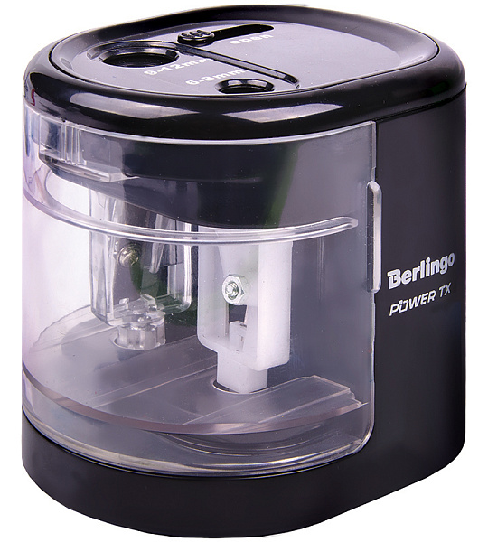 Точилка электрическая Berlingo "Power TX" 2 отверстия, черная, с контейнером, картон. упаковка