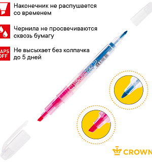 Текстовыделитель двухсторонний Crown "Multi Hi-Lighter Twin" розовый/голубой, 3/2мм