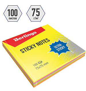 Самоклеящийся блок Berlingo "Ultra Sticky", 75*75мм, 100л, 4 неоновых цвета