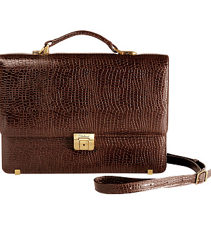 Портфель Delucci "Калипсо", кожа, коричневый крокодил, 1 отделение, метал. замок, с ремнем