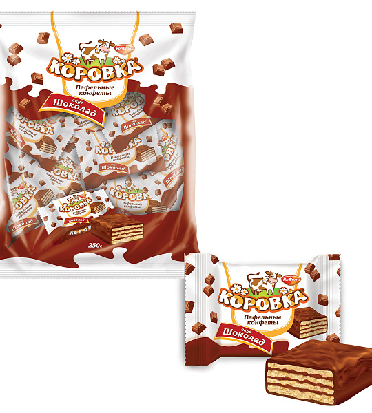 Конфеты шоколадные РОТ ФРОНТ "Коровка", вафельные с шоколадной начинкой, 250 г, пакет, РФ09756