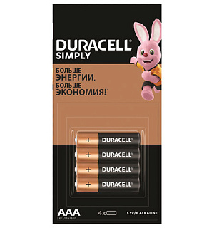 Батарейки КОМПЛЕКТ 4 шт. (отрывной блок), DURACELL Simply, ААА (LR03, 24А), алкалиновые, мизинчиковые, 5009140