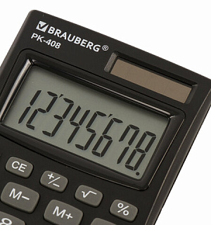 Калькулятор карманный BRAUBERG PK-408-BK (97x56 мм), 8 разрядов, двойное питание, ЧЕРНЫЙ, 250517