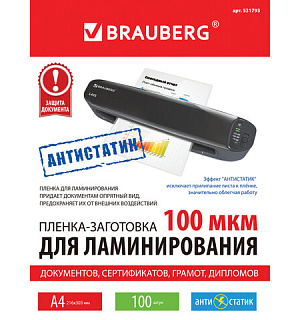 Пленки-заготовки для ламинирования АНТИСТАТИК, А4, КОМПЛЕКТ 100 шт., 100 мкм, BRAUBERG, 531793