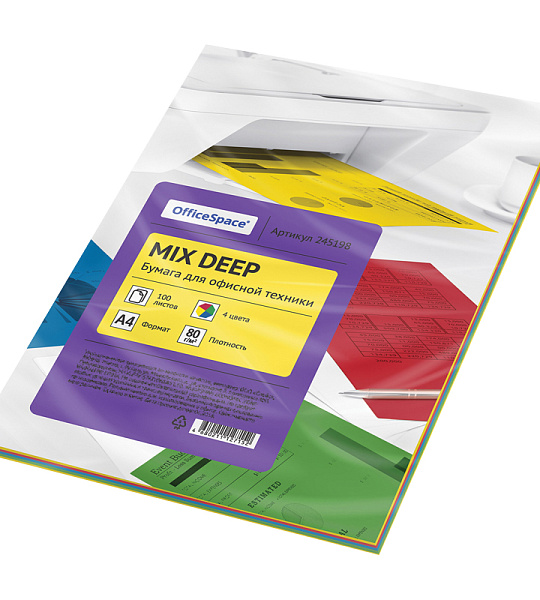 Бумага цветная OfficeSpace deep mix А4, 80г/м2, 100л. (4 цвета)