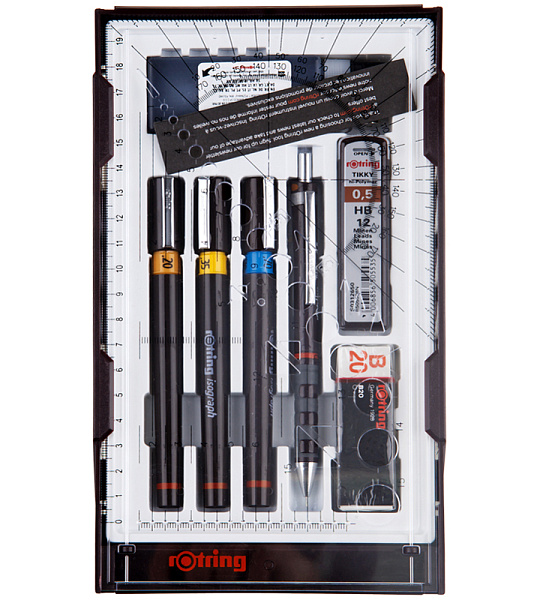 Набор изографов Rotring 0,2/0,35/0,7мм, мех. карандаш 0,5мм, грифели, ластик, насадка для циркуля