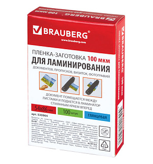 Пленки-заготовки для ламинирования МАЛОГО ФОРМАТА (54х86 мм), КОМПЛЕКТ 100 шт., 100 мкм, BRAUBERG, 530904